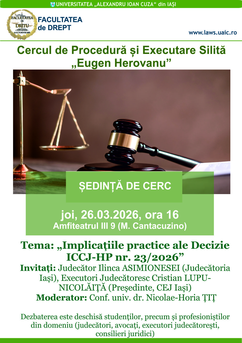 Ședință de cerc - Implicațiile practice ale Deciziei ICCJ-HP nr. 23/2026 - joi, 26.03.2026, ora 16