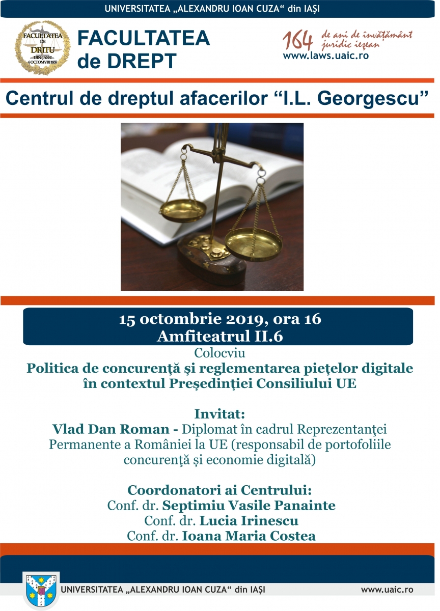 Colocviu al Centrului de dreptul afacerilor “I.L. Georgescu”, 15.10.2019
